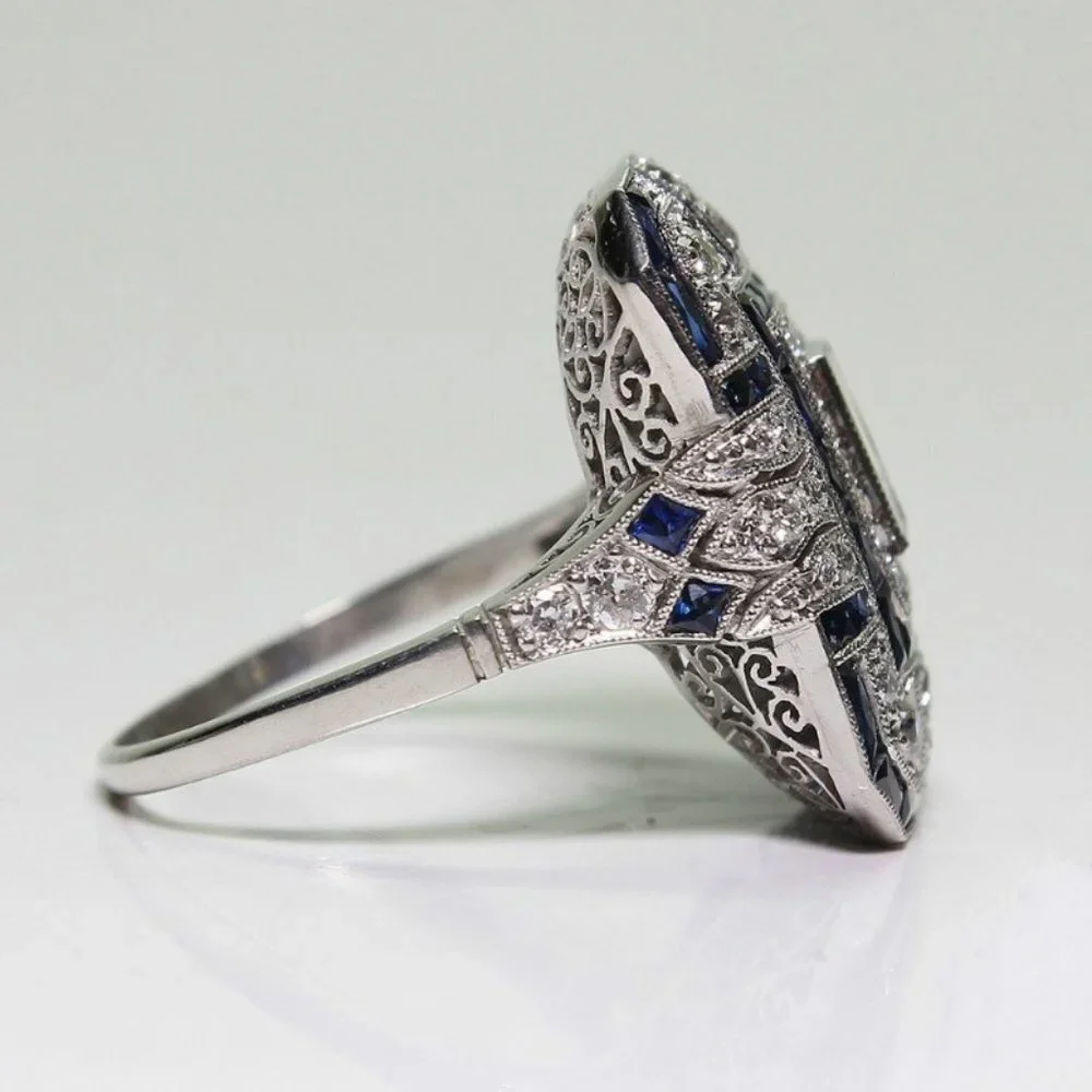 NEW Silver Blue Sapphire Diamond Art Deco Ring